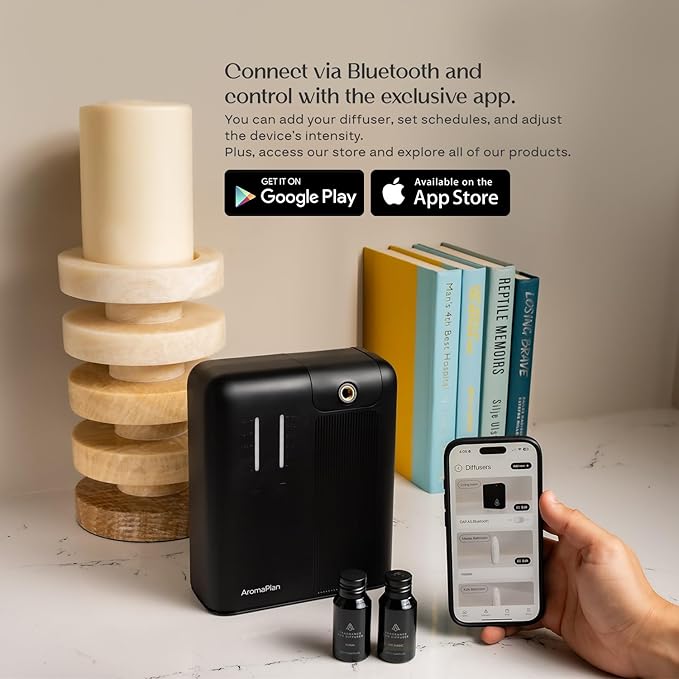 AromaPlan 2025 Waterless, Cold Air HVAC Scent Diffuser Whole House & Commercial Diffuser (Includes 2 Fragrances & 12 Set Sample kit) - Smart Scent Diffuser- Touch & App, 2000 Sq. Ft Cov. (Black)