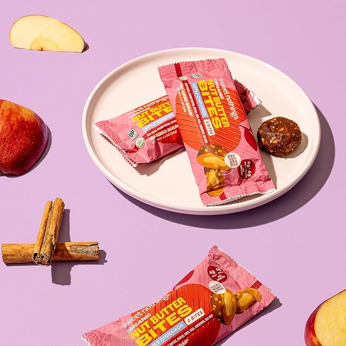 Sweet Nothings, Apple Cinnamon, USDA Organic Nut Butter Bites Protein Bar, Nut & Date Snack, Filled with Peanut Butter, 12-2 Bite Value Packs - No Added Sugar, Good Source of Fiber, Only 7 Ingredients