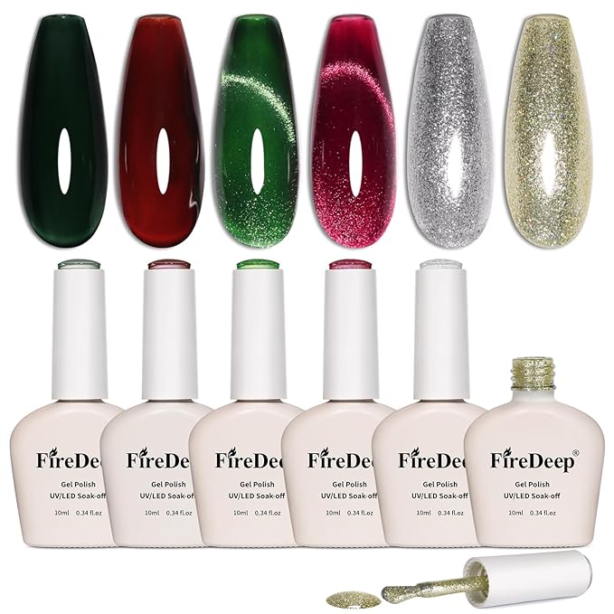10ml Hema Free Gel Nail Polish Set, 6 Colors Cat Eye Christmas Red Jelly Dark Green Golden Silvery Color Glitter Shimmer Gel Polish Kit with Magnet Soak Off Manicure for DIY and Salon