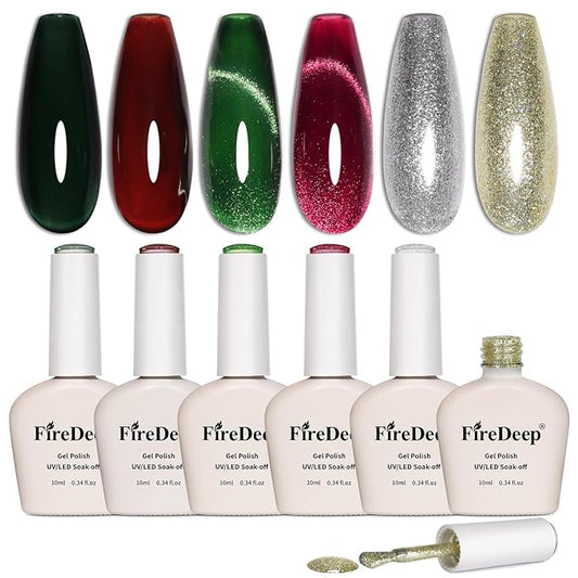 10ml Hema Free Gel Nail Polish Set, 6 Colors Cat Eye Christmas Red Jelly Dark Green Golden Silvery Color Glitter Shimmer Gel Polish Kit with Magnet Soak Off Manicure for DIY and Salon
