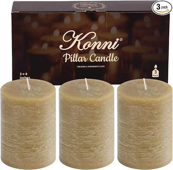 KONNI Wax Yellow Pillar Candles Set of 3, 3"x 4" Unscented Pillar Candles Bulk, 39 Hours Long Burning Candles, Smokeless&Dripless Large Round Candle for Wedding, Home Decoration, Parties, Spas, Dinner