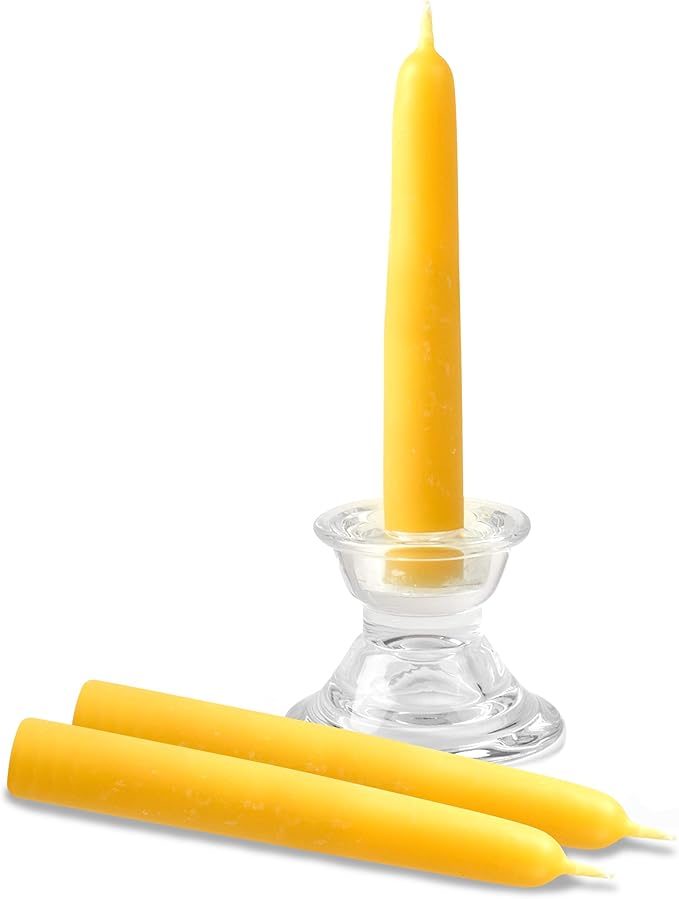 Hyoola 7 Inch Beeswax Taper Candles 12 Pack - Handmade, All Natural, 100% Pure Unscented Bee Wax Candle - Tall, Decorative, Golden Yellow - 7 Hour Burn Time