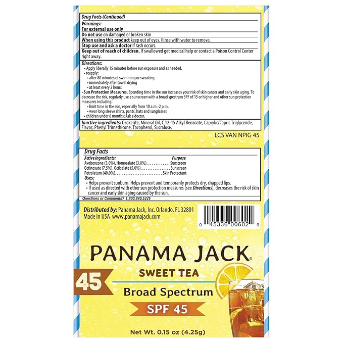 Panama Jack Sunscreen Lip Balm - SPF 45, Broad Spectrum UVA-UVB Sunscreen Protection, Prevents & Soothes Dry, Chapped Lips, Sweet Tea, 2-pack