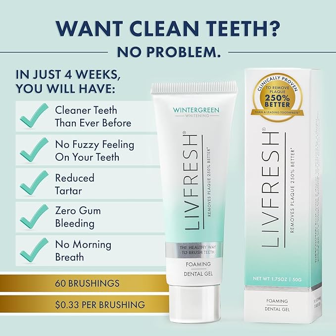 LIVFRESH Toothpaste Gel, Clinically Proven to Remove Plaque 250% Better, Improves Gum Health 190% Better, Prevents & Reduces Tartar, Freshens Breath, SLS Free Dental Gel, Wintergreen, 2 Pack