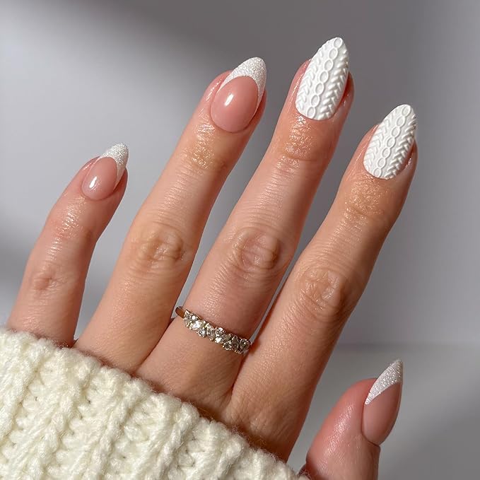 Glamnetic Press On Nails - Sweater Weather | Short Almond Fake Nails with White Glitter French Tips & 3D Designs in a Glossy Finish, Salon Quality Winter Nails | 15 Sizes - 30 Nail Kit with Glue