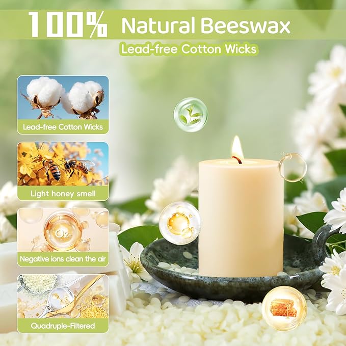 6 Pack Beeswax Pillar Candles,Ivory White Beeswax Candles-180 Hours Long Burning,Unscented Bees Wax Candles for Home,Prayer,Emergency,Dripless Smokeless Organic Pillar Candles 2x3in