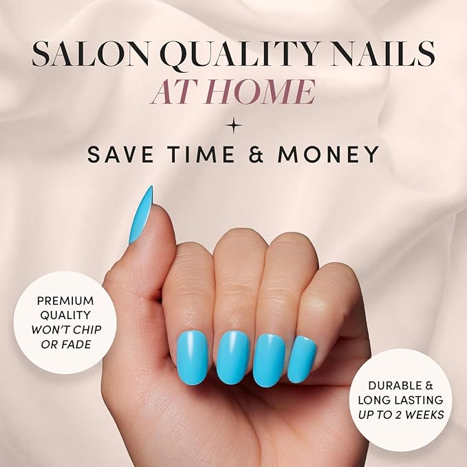 Glamnetic Press On Nails - Azure Blue | Opaque Bright Blue Short Round Fake Nails, Salon Quality | 12 Sizes - 30 Nail Kit