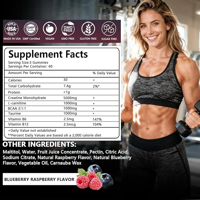 Creatine Gummies Complex 8000mg for Men and Women Creatine Monohydrate Gummy with BCAA Taurine for Muscle Strength and Energy Boost Sugar Free Pre-Workout Supplement - 120 Gummies
