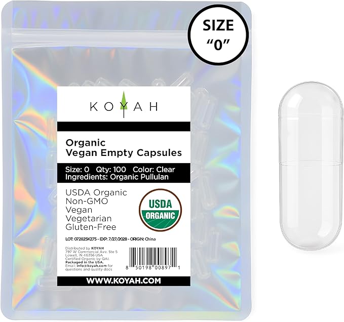 KOYAH Certified Organic Empty Pullulan Capsules: Size 0, Vegan, Gluten-Free, Non-GMO, Allergen Free – Ideal for DIY Supplements (100 Count)