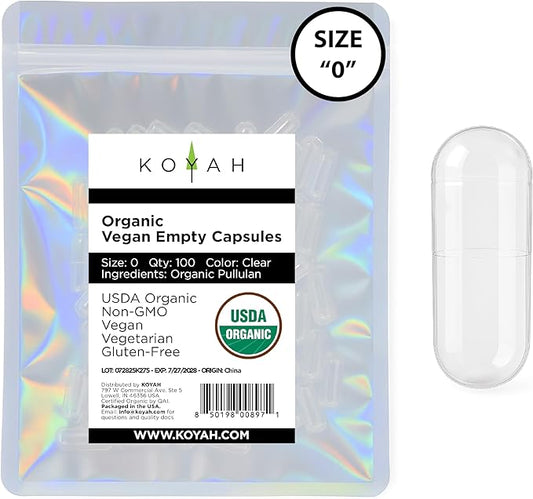 KOYAH Certified Organic Empty Pullulan Capsules: Size 0, Vegan, Gluten-Free, Non-GMO, Allergen Free – Ideal for DIY Supplements (100 Count)