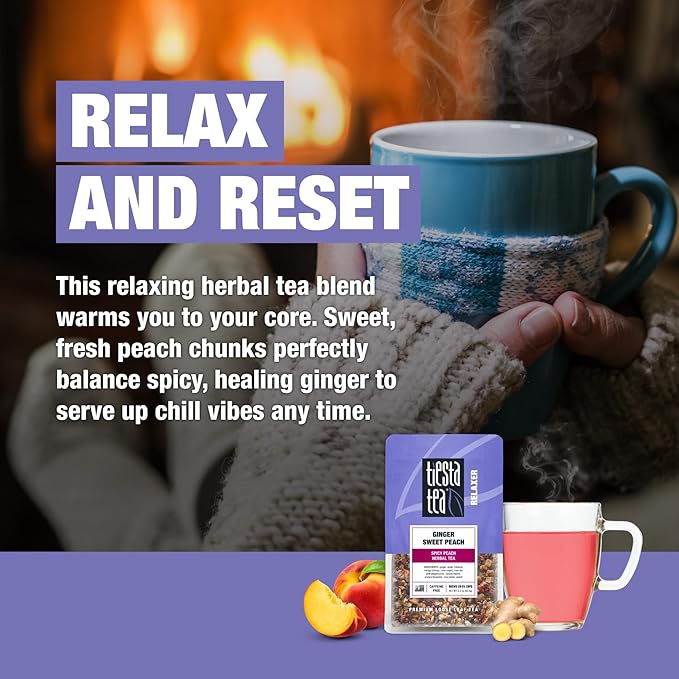 Tiesta Tea - Ginger Sweet Peach, Loose Leaf, Spicy Peach Herbal Tea, Non-Caffeinated Tranquility Blend, Bulk Herbal Leaves with Hibiscus & Cane Sugar, 25 Cups, 2.2 Ounce Resealable Pouch