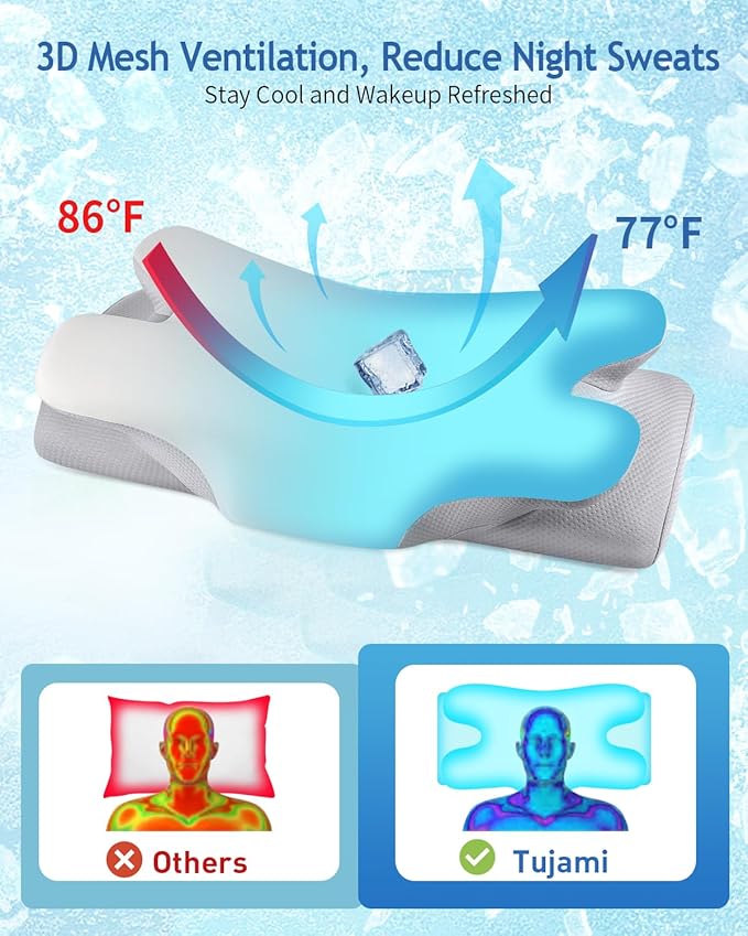 Cervical Neck Pillow for Pain Relief Sleeping, Cooling Ergonomic Contour Side Sleeper Pillow for Neck Support, Odorless Soft Memory Foam Orthopedic Bed Rest Pillow for Back Stomach Sleeper, Grey