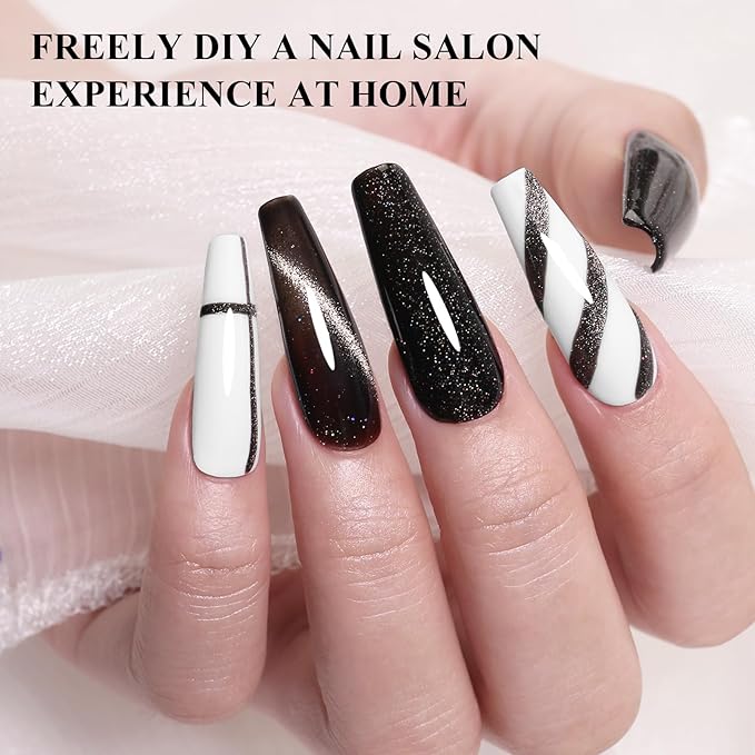 10ml Hema Free Gel Nail Polish Set, 6 Colors Cat Eye Black White Gray Silver Glitter Shimmer Gel Polish Kit with Magnet Sparkle Galaxy Series Soak Off Manicure for Salon and Nail Art DIY