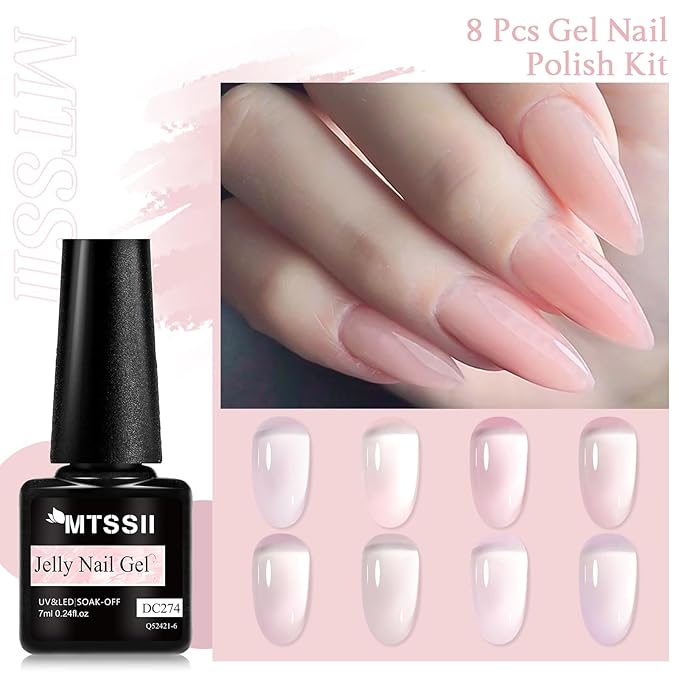 MTSSII Sheer Gel Nail Polish Set Jelly UV Gel 8 Colors Translucent Milky White Pink Nude Purple Colors Nail Polish For All Seasons Neutral Soak off LED Lamp Gel Manicure Kit for Nail Art