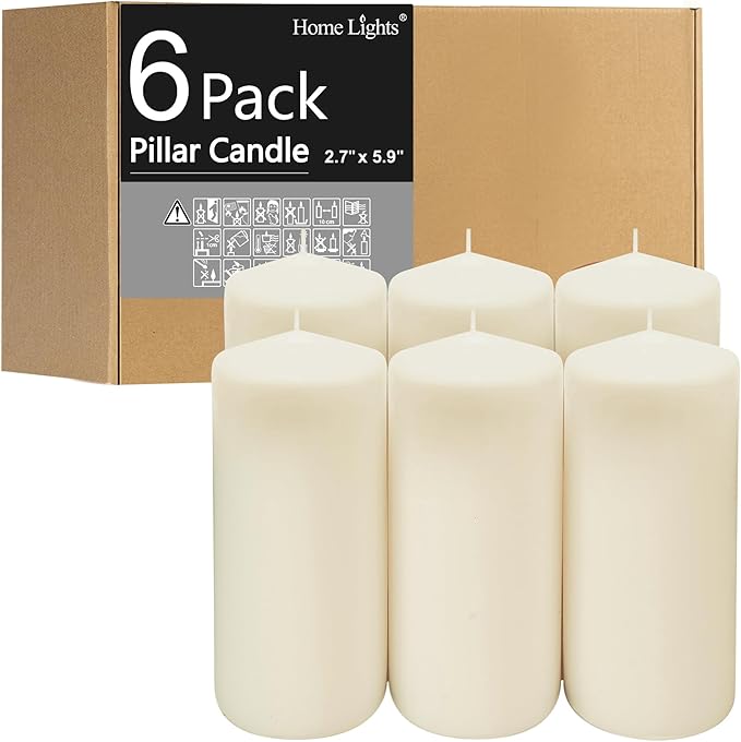 HomeLights Pillar Candles - 2.7x6 inch | 60 Hours Burning, 6 Count - White Unscented Smokeless European Pillar Candles - Perfect for Wedding, Parties, Spas, Home Gatherings and Dinner