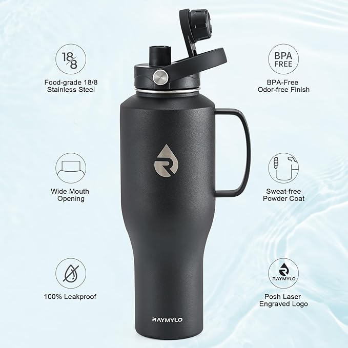 32oz Stainless Steel Water Bottle (Cold for 48 Hrs, Hot for 24 Hrs), Triple Wall Vacuum Insulated Water Bottle with Straw Lid, Spout Lid and Paracord Handle, Leakproof, Fit in Any Car Cup