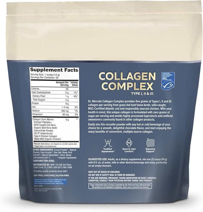 Dr. Mercola Collagen Complex Powder - Supports Skin Elasticity & Joint Function - Multi-Source Collagen Types I II III - 10.89 oz (30 Servings) - Chocolate