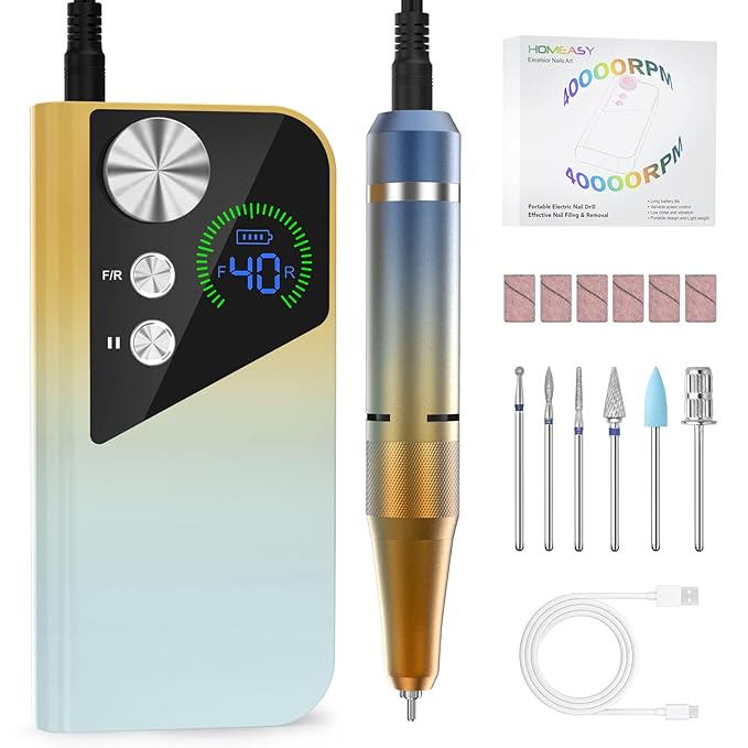 Nail Drill 40000RPM - Rechargeable Nail File with Bits, Professional E-Filer for Acrylic Nails, Gel Polishing, Manicure & Pedicure E File with Large HD LCD Screen - M96 Yellow