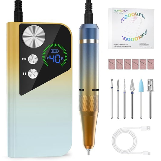 Nail Drill 40000RPM - Rechargeable Nail File with Bits, Professional E-Filer for Acrylic Nails, Gel Polishing, Manicure & Pedicure E File with Large HD LCD Screen - M96 Yellow