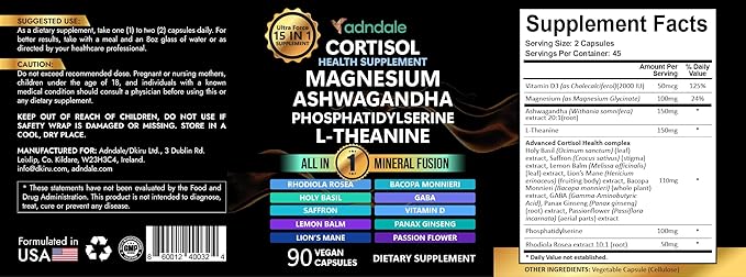 Adndale Cortisol Supplements for Women. Cortisol Supplement 14-in-1 Ashwagandha Supplement with Magnesium Glycinate, L-Theanine & More. 90 Capsules.
