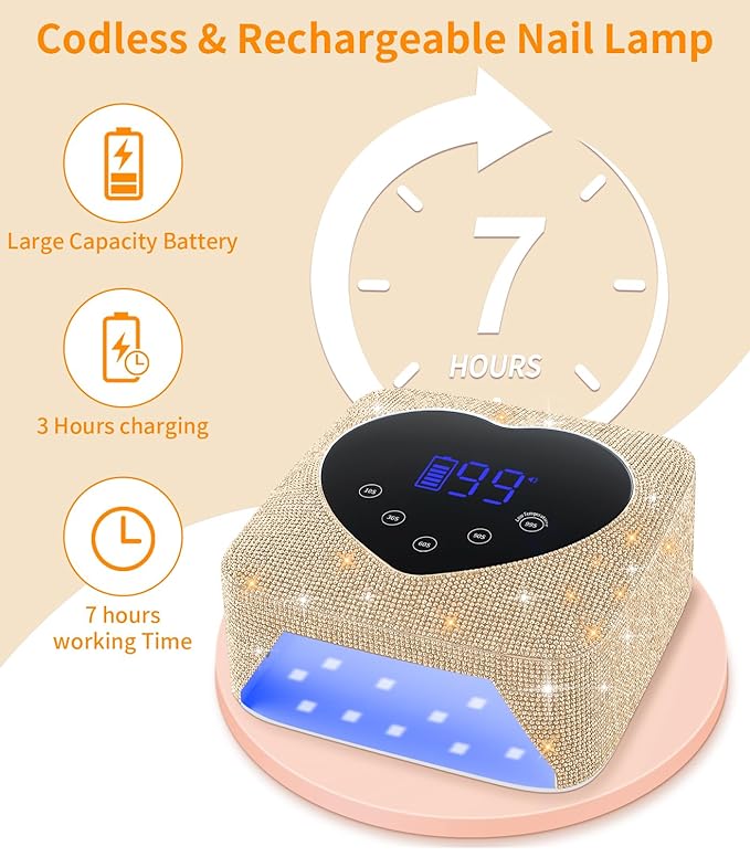 UV Light for Nails, 72W Cordless UV Nail Lamp for Gel Nails, Rechargeable Gold Diamond LED Dryer with 5 Timer Setting,Touch Control & Auto Sensor, Fast Light Curing Lamp for Salon & Home