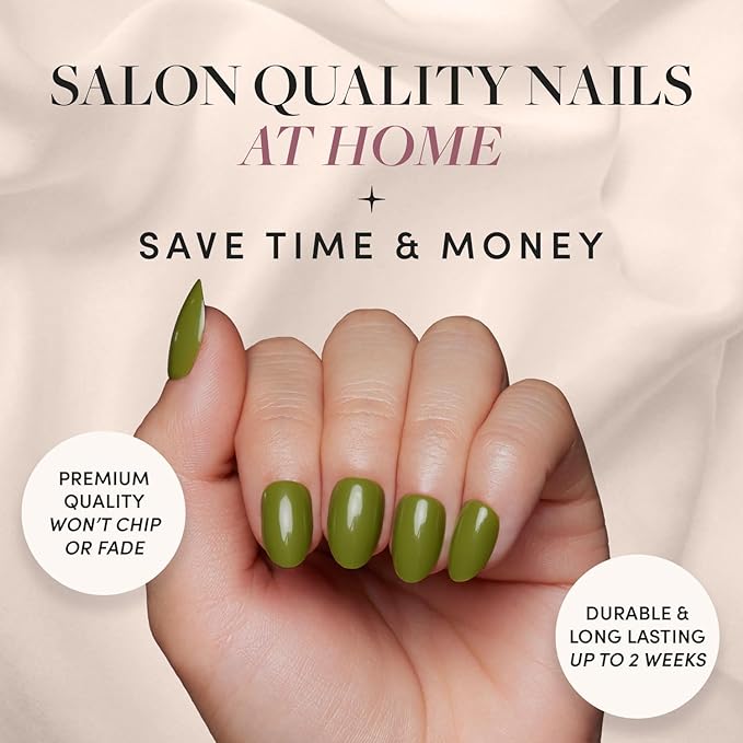Glamnetic Press On Nails - Moss Green | Opaque Earthy Green Short Oval Fake Nails, Salon Quality | 15 Sizes - 30 Nail Kit