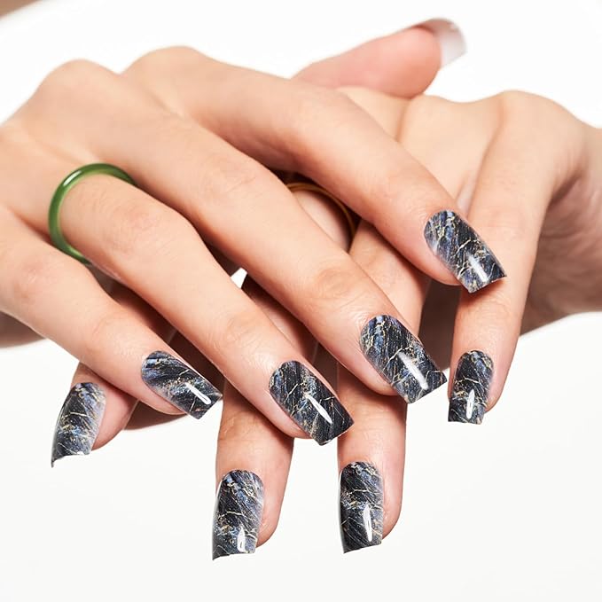 GLAMERMAID Ombre Press on Nails Medium Square, Fall Peacock Blue Marble Jelly Soft Gel Nails Square Fake Nail, Glossy Stick Glue 0n Nail Kit for Women, Reusable Stick on Acrylic Fake Nail Manicure Set