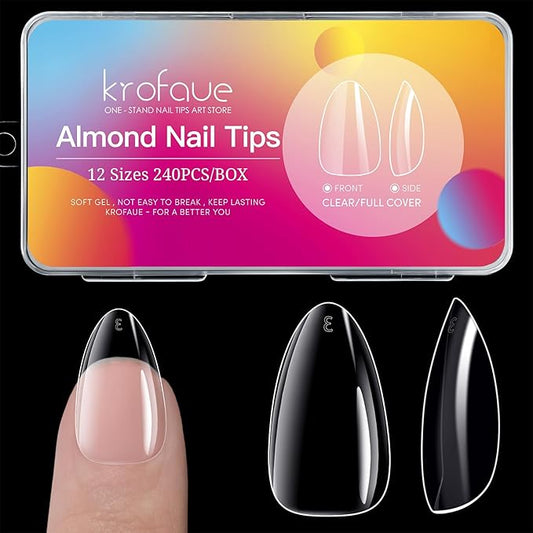 krofaue Almond Nails - 240Pcs Clear Fake Tips 12 Sizes Artificial Acrylic False Nails Full Cover Press on Nails Almond for Home DIY & Nail Tips Art
