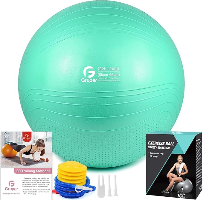 Gruper Yoga Ball, 18-30 Inch Extra Thick Exercise Ball for Workout Fitness Balance, Anti Burst Chair for Home and Office Desk, Includes Hand Pump & Workout Guide Access