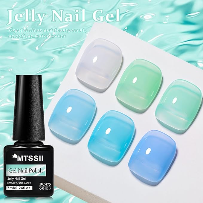 MTSSII Jelly Green Blue Gel Nail Polish Set, 8 Transparent Sage Green Baby Blue Gel Polish Matcha Avocado Soak Off Nail Art Design Home Manicure Kit Gifts