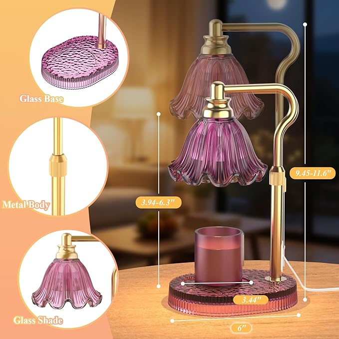 Candle Warmer Lamp with Adjustable Height - Flameless 4-Level Dimmable Wax Warmer, Timer Function & Stylish Design in Multiple Colors（Purple）