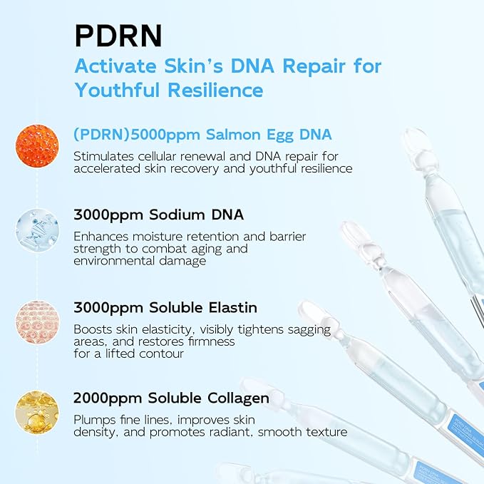 Salmon DNA PDRN Anti-Aging Serum, 5000ppm Salmon Egg DNA Ampoule, 2000ppm Collagen, Glutathione, Niacinamide & 6 Hyaluronic Acids, Korean Skincare for Wrinkles & Radiance,0.05 fl.oz x 30e