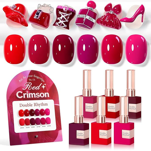 Double Rhythm 6 Pcs 15 ML Gel Polish Set Same Color Same Bottle Soak Off Gel Polish Kit Nail Art Manicure Salon DIY at Home for Women (Burgundy Cherry Rose Purple -T6-73)