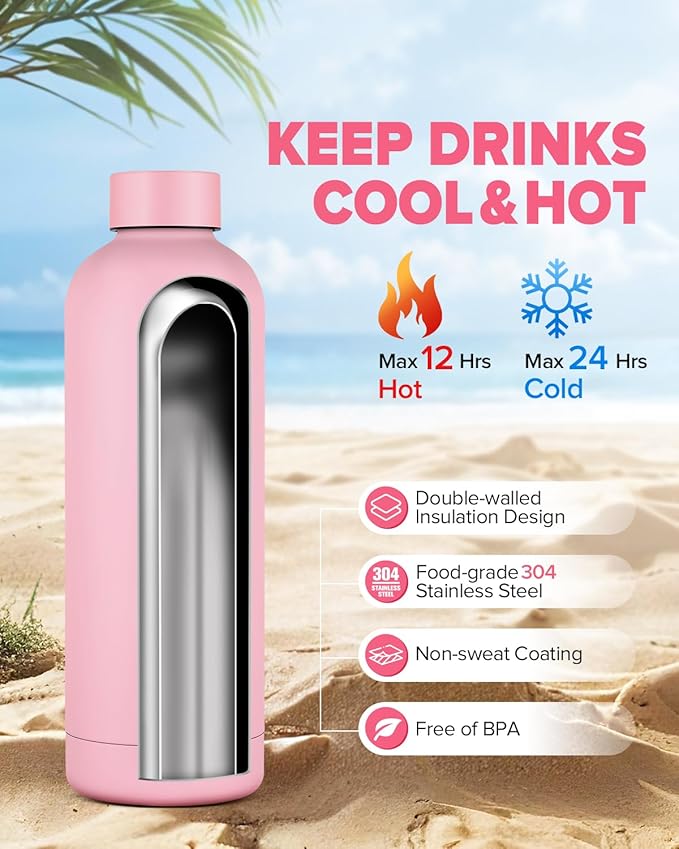 Insulated Water Bottle with Lid, 25 oz Reusable Leak-Proof Metal Stainless Steel Water Bottles for Travel, Sports, Gym, Outdoor (Pink)