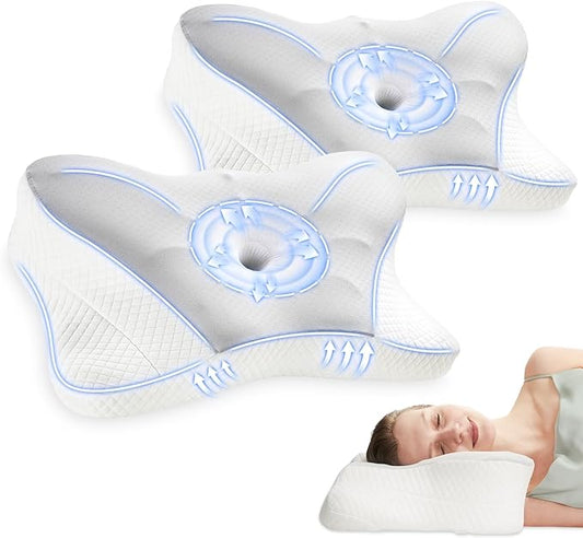 DUMOS Cervical Neck Pillow Set of 2, Cooling Memory Foam Contour Pillow with Arm Rest Slot and Ice Silk Pillowcase, Ergonomic Dual-Height Orthopedic Support for Side, Back, and Stomach Sleepers, Grey
