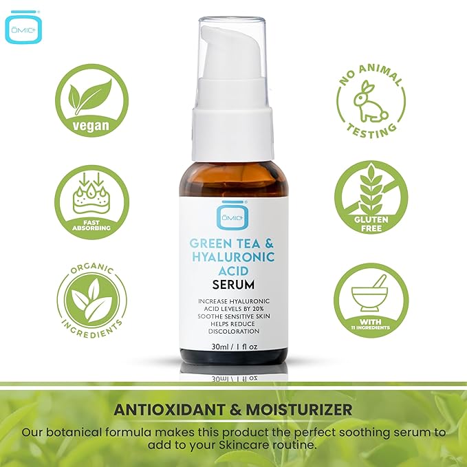 Omic, Green Tea & Hyaluronic Acid Serum for Face – 1 fl oz / 30 ml - Acne Spot Remover, Reduce Wrinkles, Helps to Hydrayein Skin, Anti-aging Serum