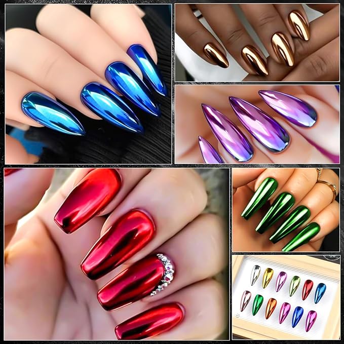 Chrome Nail Powder Kit 12 Colors Holographic Metallic Mirror Effect Chrome Pigment Glitter Dust for Nail Art Gel Polish Decoration Resin Craft Manicure Home DIY Salon Use