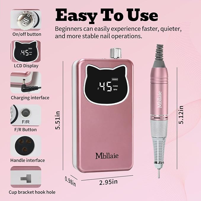 Professional Nail Drill File 45000RPM Electric Portable Nails Drills Kit with Rechargeable 7 uñas Bits Cordless Efile for Poly Gel Acrylic Nails Remover Home Salon Pedicure Manicure Tool (Rose Pink)