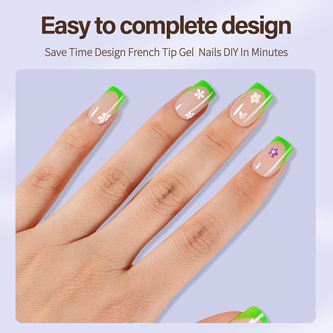 Misssix XBASICTIPS Green French Tip Press On Nails, 150Pcs French Gel Nail Tips Short Square, Soft Gel Pre-shaped No Need to File 3 in 1 Tips, Fake Nails for Nail Art DIY Extension Designs 15 Sizes