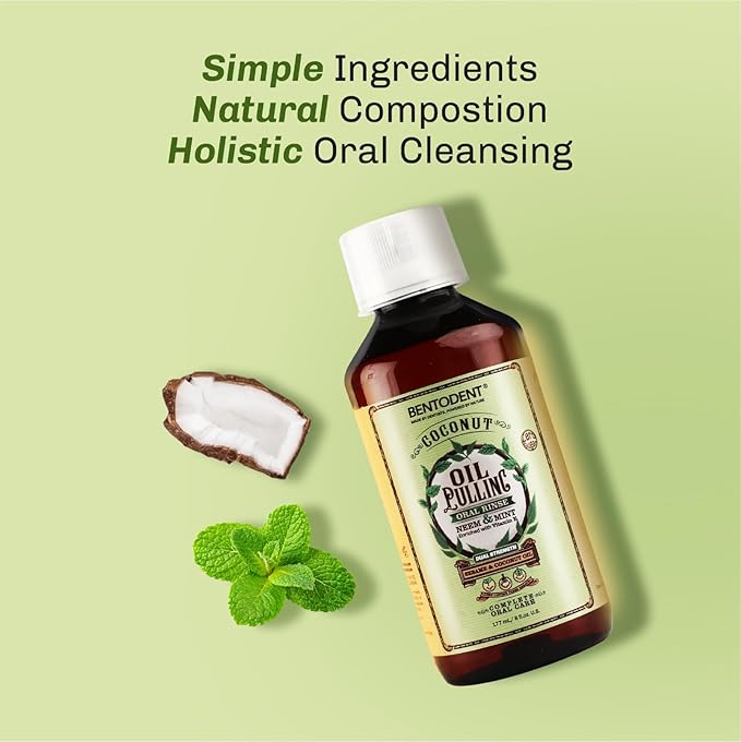 Bentodent Coconut Oil Pulling, Powerful Neem & Mint, Dual Strength of Sesame & Coconut Oil, Oil Pulling rinse for teeth & gums, Zero Sugar & No Alcohol mouthwash for Fresh Breath & Whitening,6 fl. oz.
