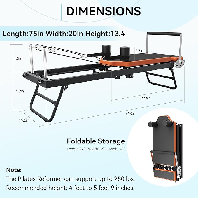 Pilates Reformer,Dpiolrcag Foldable Pilates Machine & Equipment for Home Use and Gym Workout, Suitable for Advanced and Beginners Users, Up to 250 lbs Weight Capacity