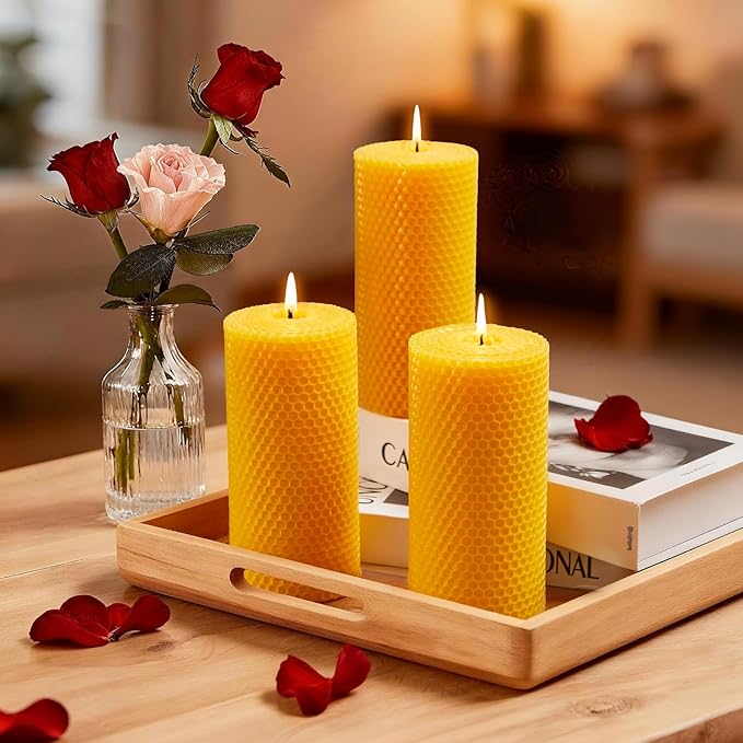 Beeswax Pillar Candles, 3x6 Inch -Set of 3 Hand-Rolled Honeycomb Candle - Long Burning 135+ Hours, Dripless Smokeless Unscented Handmade Beeswax for Home Decor, Prayer, Wedding,SPA