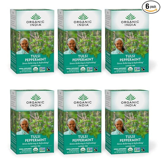 ORGANIC INDIA Tulsi Peppermint Tea - Caffeine Free Herbal Mint Tea - Stress Relieving Holy Basil, Immune Support, Aids Digestion, Vegan, USDA Certified Organic, Fairtrade - 18 Infusion Bags, 6 Pack