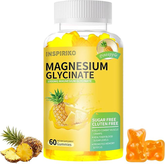 Magnesium Glycinate Gummies 1000mg - Sugar-Free Magnesium Potassium Supplement with Vitamin D, B6, CoQ10 for Adults & Kids,High Absorption for Calm Mood & Sleep Support - 60 Pineapple Gummies