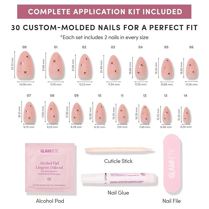 Glamnetic Press On Nails - Pink Comet | Short Almond Fake Nails in Pale Blush Pink with Lavender 3D Gems in a Glossy Finish, Salon Quality Holiday Winter Nails | 15 Sizes - 30 Nail Kit with Glue