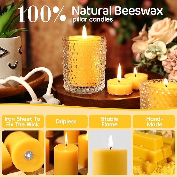 Natural Beeswax Pillar Candles,100% Pure Beeswax Candles-96 Hours Long Burning,Unscented Bees Wax Candles for Home,Prayer,Emergency,Dripless Smokeless Organic Pillar Candles Bluk-2x3in-3pack