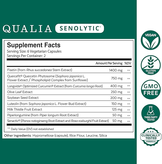 Qualia Life Sciences Qualia Senolytic Ultimate Formula for Enhanced Cell Repair&Rejuvenation 2-Day Aging&Longevity Support Regimen w. Fisetin,Quercetin, Piperlongumine,Senactiv,Curcumin(Pack of 4)