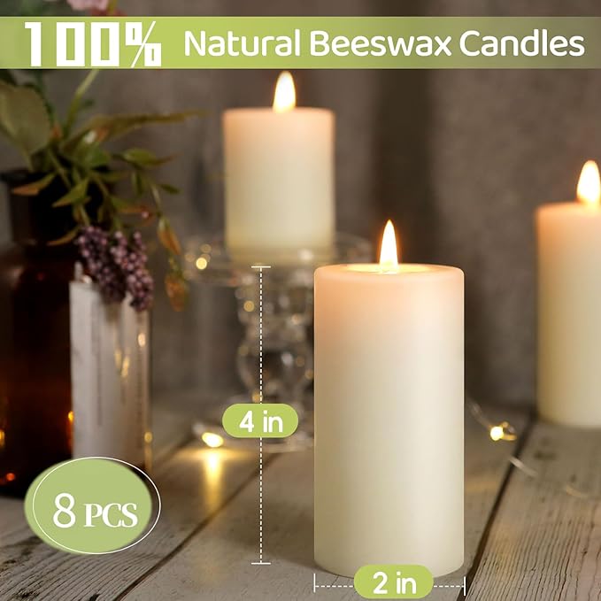 8 Pack Natural Beeswax Pillar Candles,100% Pure Beeswax Candles-344 Hours Long Burning,Off-White Unscented Bees Wax Candles for Home,Prayer,Dripless Smokeless Organic Pillar Candles Bulk-2x4in
