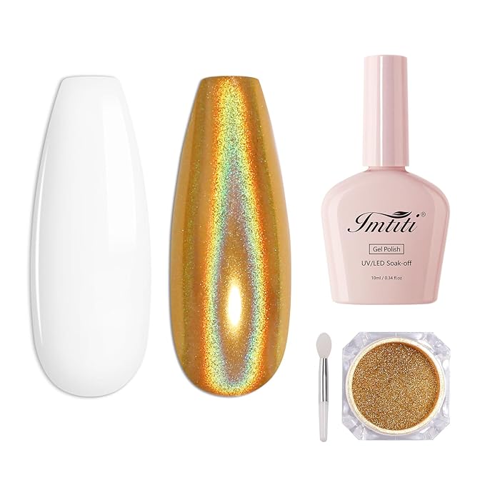Imtiti Holographic Gold Chrome Nail Powder Kit,1g Holo Iridescent Gold Meatllic Mirror Effect Powder with 10ml White Color Gel Polish Metal Nail UV DIY Kit