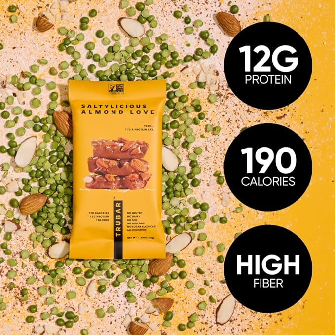 TRUBAR Vegan Protein Bar, Saltylicious Almond Love, Gluten Free, Plant Based, High Fiber, Dairy Free, Low Fat, Non GMO, No Sugar Alcohols, 12G Lean Protein, 13G Fiber, Healthy Snack Bars, 12 CT
